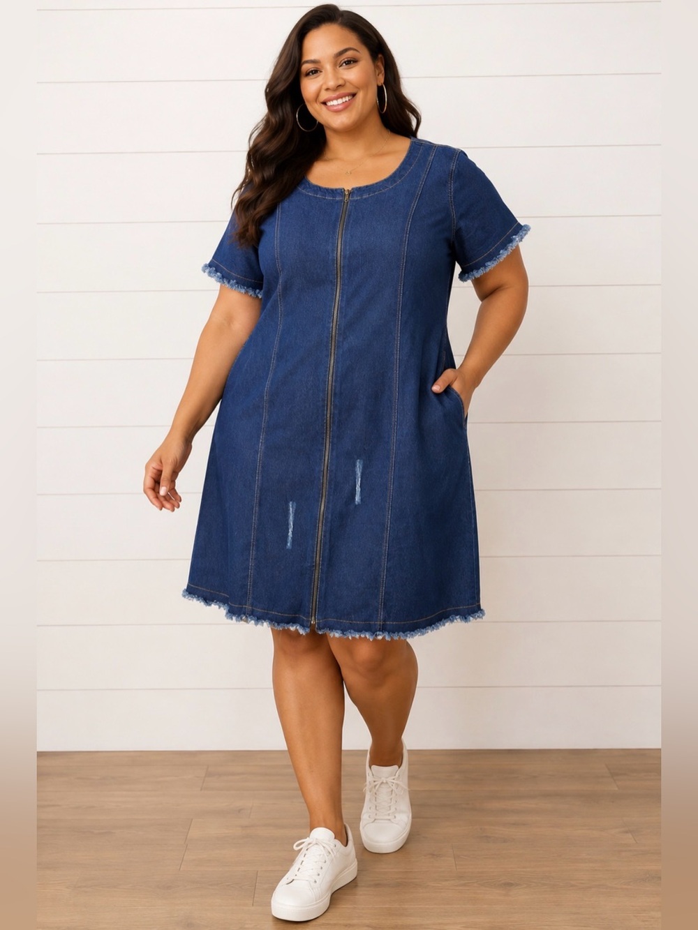 Eighty Eight Premium Denim Zip Front Dress 3X Frayed Hem Stretch Plus Size